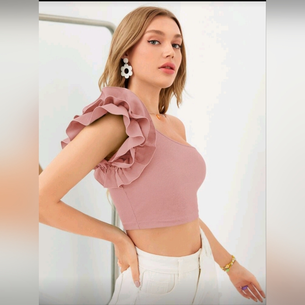 SHEIN Pink One-Shoulder Ruffle Crop Top - Picture 3 of 5